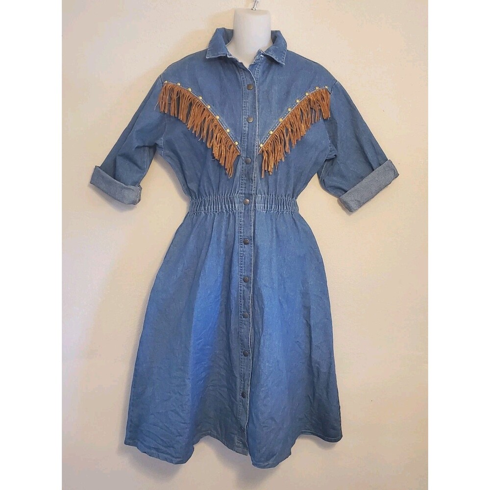Vtg Western Denim Snap Front Shirt Dress Suede Trim Southwestern Hippie Sz Small
